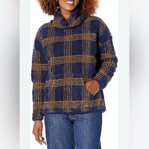 CARVE DESIGNS Roley Jacquard Cowl Neck Pullover Navy/Brown Plaid Size XL